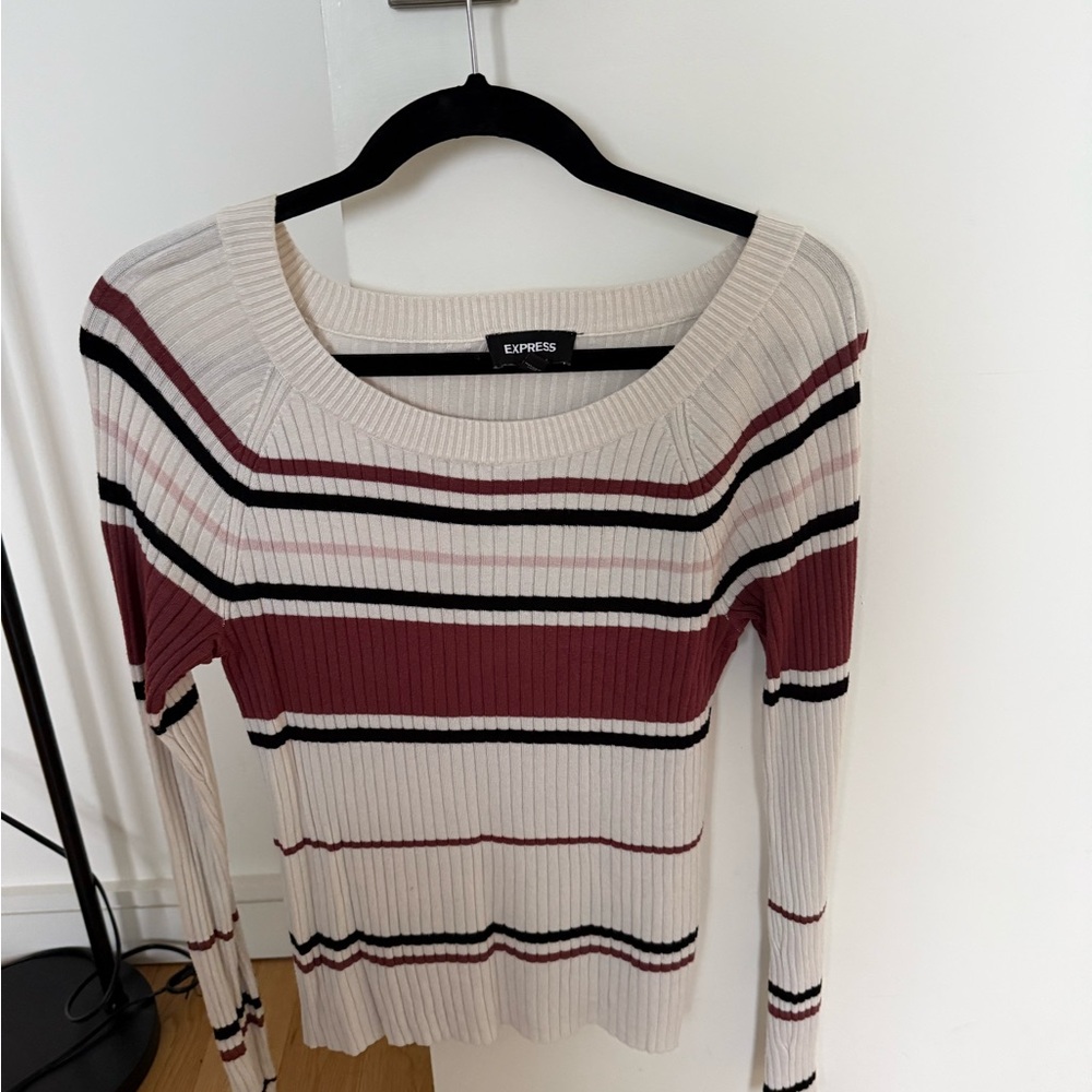 Express Women's Ribbed Striped Sweater - Cream and Burgundy